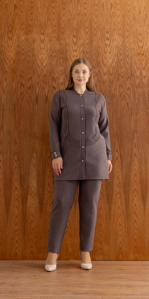 ÇİZGİLİ BAMBU MODAL TUNİK PANTOLON TAKIM - Kahverengi