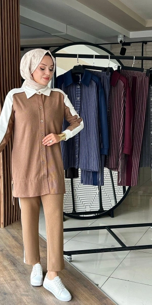 ÇİZGİLİ MODAL TUNİK PANTOLON TAKIM - Camel