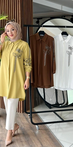 COTON LİKRA APLİKELİ TAŞLI TUNİK - Safran