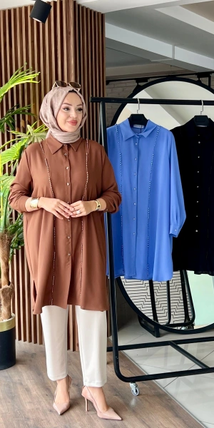 COTON VİSKON İNCİLİ TUNİK - Kahverengi