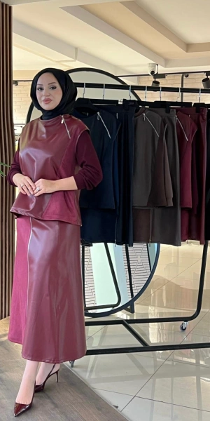 DERİ SÜET MODAL KARIŞIMLI ETEK TUNİK YELEK TAKIM - Bordo