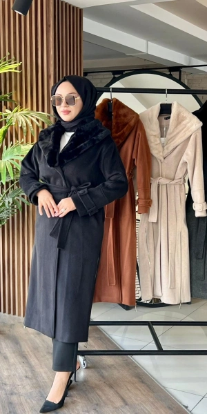 FRANSIZ BOY KÜRKLÜ KAŞE KABAN - Siyah