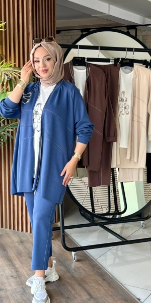 İPEKSİ CEKET &  PANTOLON - PENYE İÇLİKLİ ÜÇLÜ TAKIM - İndigo