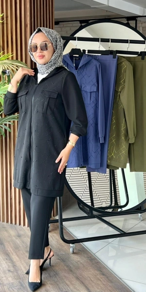 İTHAL TAŞLI TUNİK PANTOLON TAKIM - Siyah