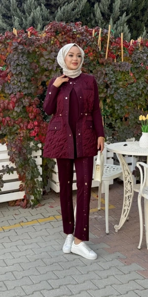 KAPİTONE PUFY YELEK & MODAL TUNİK PANTOLON TAKIM ZIMBALI - Bordo