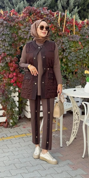 KAPİTONE PUFY YELEK & MODAL TUNİK PANTOLON TAKIM ZIMBALI - Kahverengi