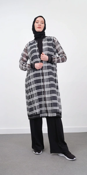 Kareli Tül Ceket - Siyah/Beyaz