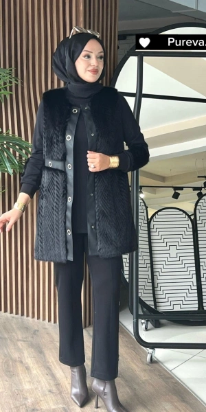 KÜRK YELEK & MODAL ÜÇLÜ TAKIM - Siyah