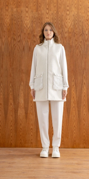 KÜRKLÜ YÜN YELEK & MODAL ÜÇLÜ TAKIM - Ekru