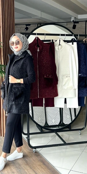 KÜRKLÜ YÜN YELEK & MODAL ÜÇLÜ TAKIM - Siyah