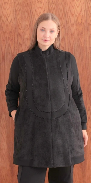 MODAL & ANGORA KÜRKLÜ TUNİK YELEK PANTOLON TAKIM - Siyah