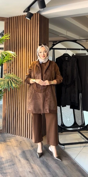 MODAL & ANGORA KÜRKLÜ TUNİK YELEK PANTOLON TAKIM - Taba