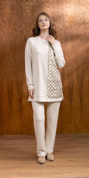 MODAL DERİ KONBİNLİ TUNİK PANTOLON TAKIM - Bej