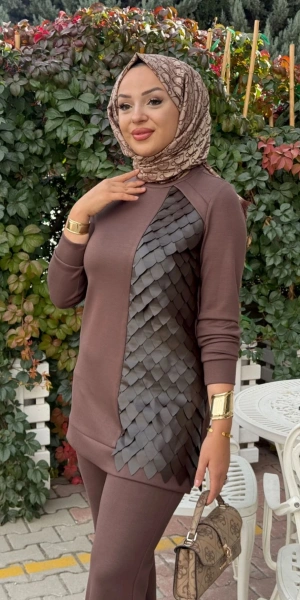MODAL DERİ KONBİNLİ TUNİK PANTOLON TAKIM - Çikolata