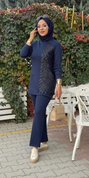 MODAL DERİ KONBİNLİ TUNİK PANTOLON TAKIM - Lacivert