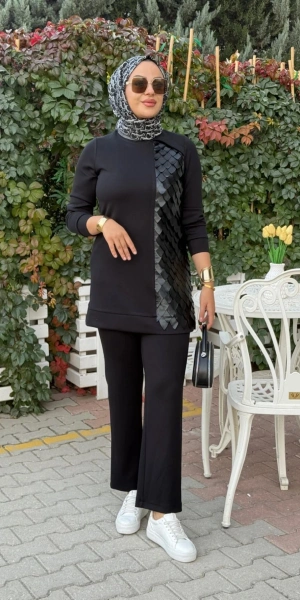 MODAL DERİ KONBİNLİ TUNİK PANTOLON TAKIM - Siyah