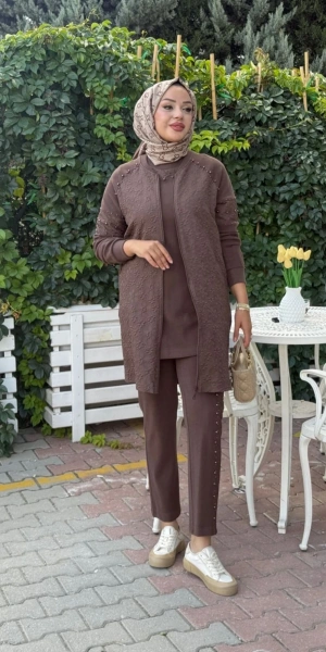 MODAL JAKAR TUNİK KAP PANTOLON TAKIM - Çikolata