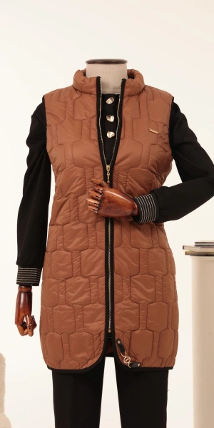 MODAL & KAPİTONE TUNİK YELEK PANTOLON TAKIM - Taba/Siyah