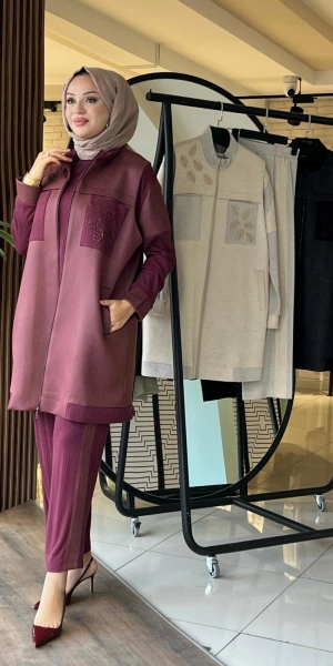 MODAL MAT SÜET KOMBİNLİ ÜÇLÜ TAKIM - Bordo