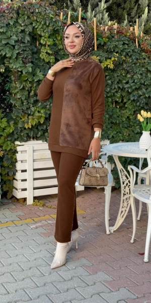 MODAL PELUŞ TUNİK PANTOLON TAKIM - Taba
