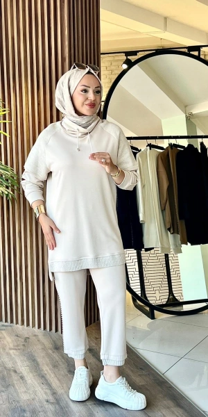 MODAL TRİKO KONBİNLİ TUNİK PANTOLON TAKIM - Bej