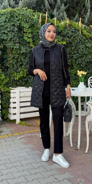 MODAL TUNİK PANTOLON & KAPİTONE YELEKLİ ÜÇLÜ TAKIM - Siyah