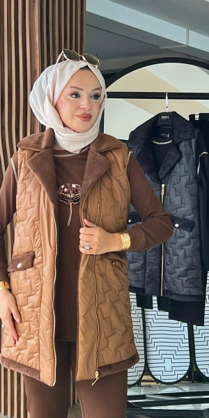 MODAL TUNİK PANTOLON & KAPİTONE YELEKLİ ÜÇLÜ TAKIM - Taba