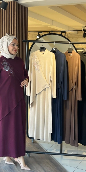 ŞARDONLU MODAL ELBİSE - Bordo