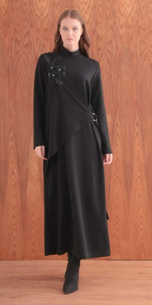 ŞARDONLU MODAL ELBİSE - Siyah