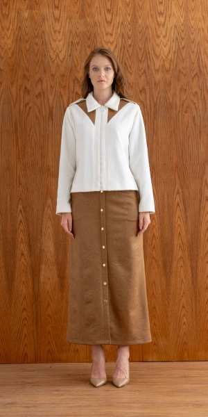 SÜET ETEK PELUŞ CEKET TAKIM - Kahverengi / Ekru