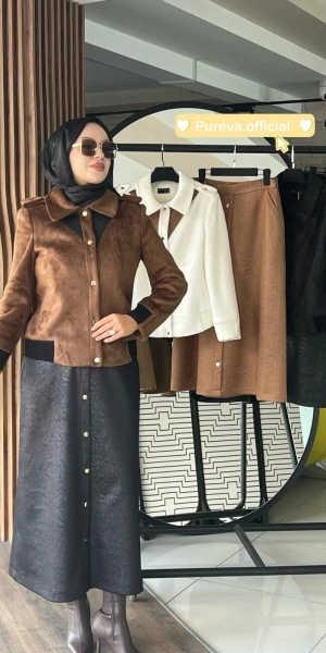 SÜET ETEK PELUŞ CEKET TAKIM - Siyah/Taba