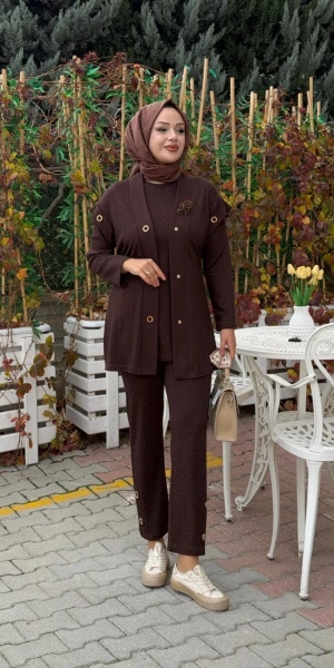 TAŞLI ÖRME PANTOLON TUNİK YELEK ÜÇLÜ TAKIM - Çikolata