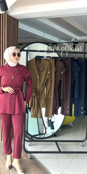 TAŞLI ÖRME PANTOLON TUNİK YELEK ÜÇLÜ TAKIM - Mürdüm