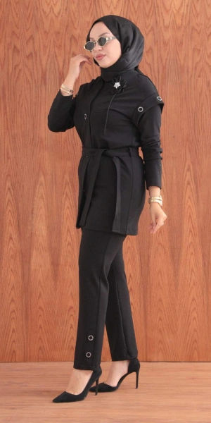TAŞLI ÖRME PANTOLON TUNİK YELEK ÜÇLÜ TAKIM - Siyah