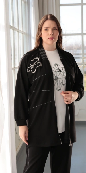 İPEKSİ CEKET &  PANTOLON - PENYE İÇLİKLİ ÜÇLÜ TAKIM - Siyah