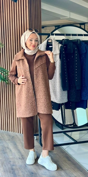 ZIMBALI YÜN YELEK & MODAL ÜÇLÜ TAKIM - Kahverengi