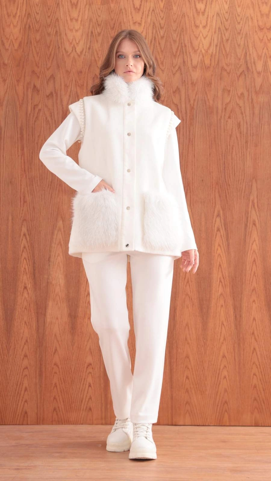 PELUŞ DERİ KÜRK KONBİNLİ YELEK & DERİ ETEK MODAL TUNİK - Ekru