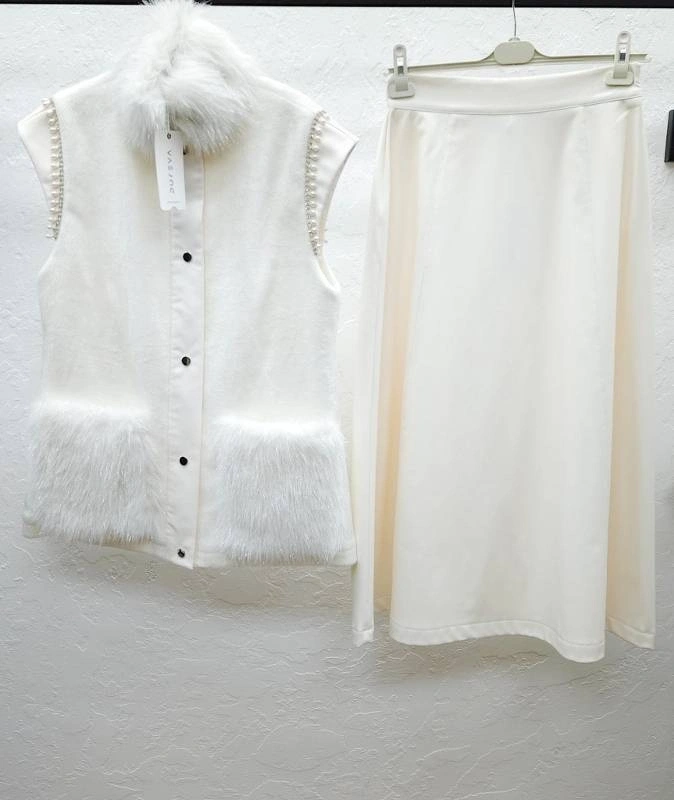 PELUŞ DERİ KÜRK KONBİNLİ YELEK & DERİ ETEK MODAL TUNİK - Ekru