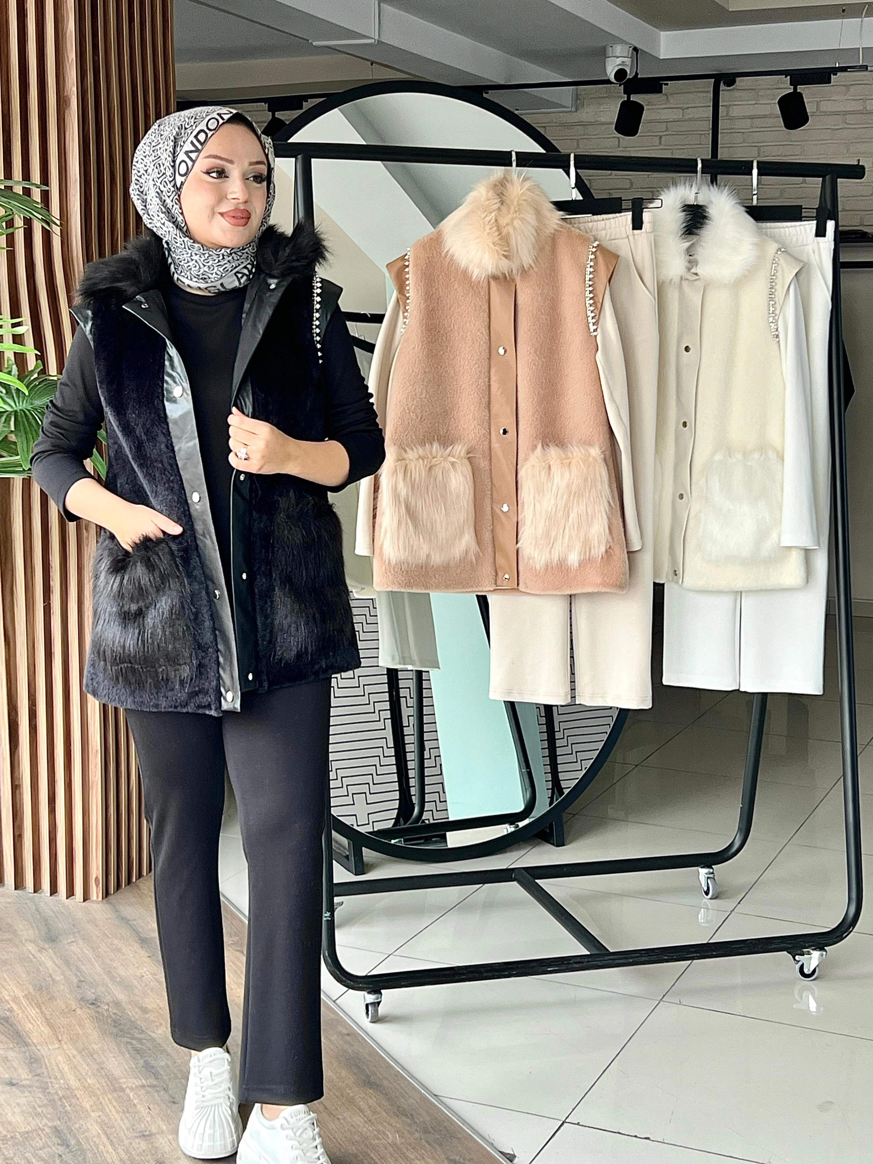 PELUŞ DERİ KÜRK KONBİNLİ YELEK & DERİ ETEK MODAL TUNİK - Siyah