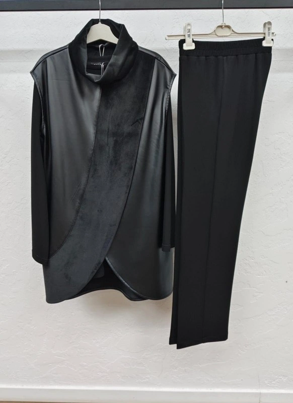 DERİ İPEK KADİYE YELEK & MODAL ÜÇLÜ TAKIM - Siyah