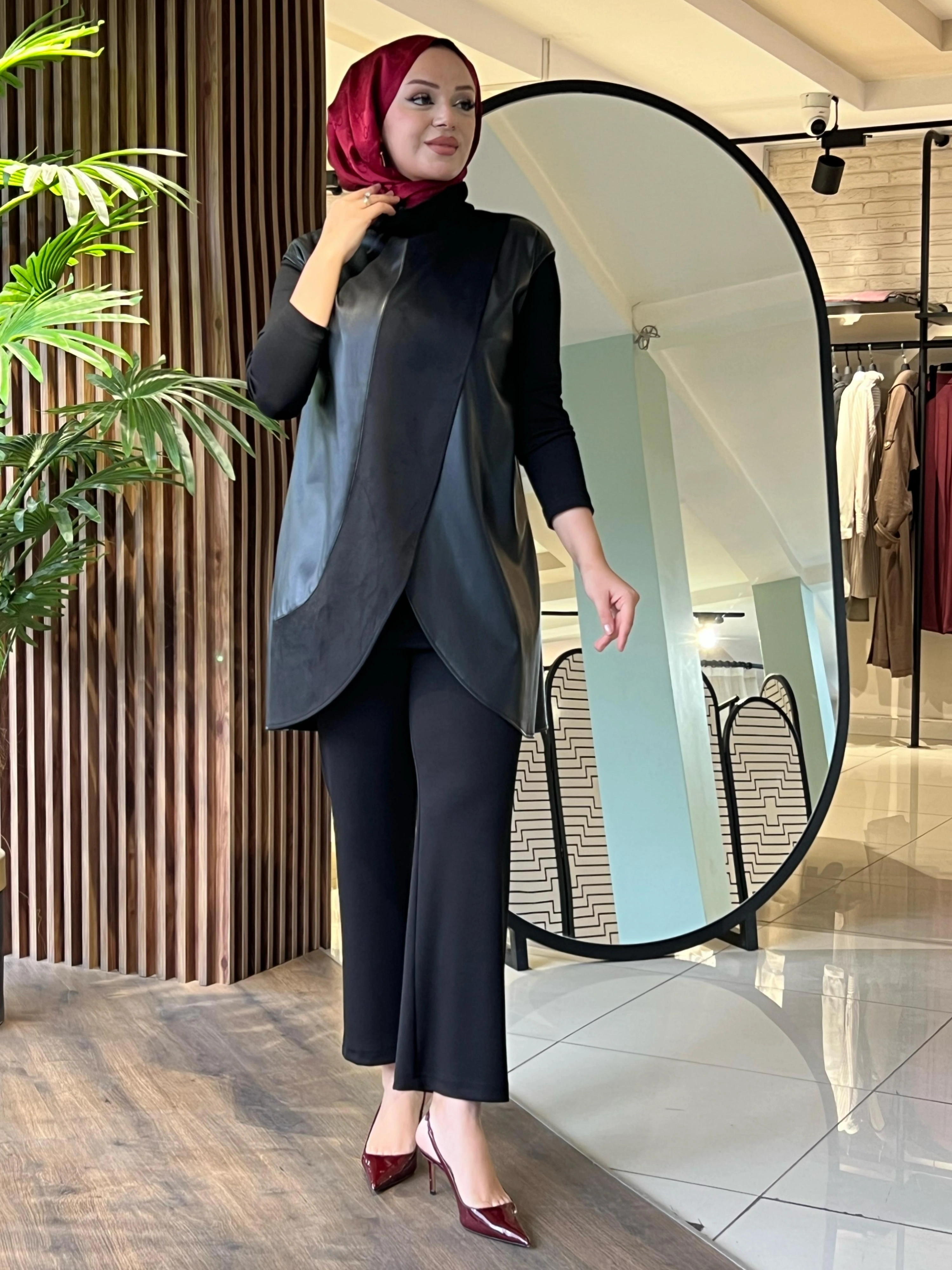 DERİ İPEK KADİYE YELEK & MODAL ÜÇLÜ TAKIM - Siyah