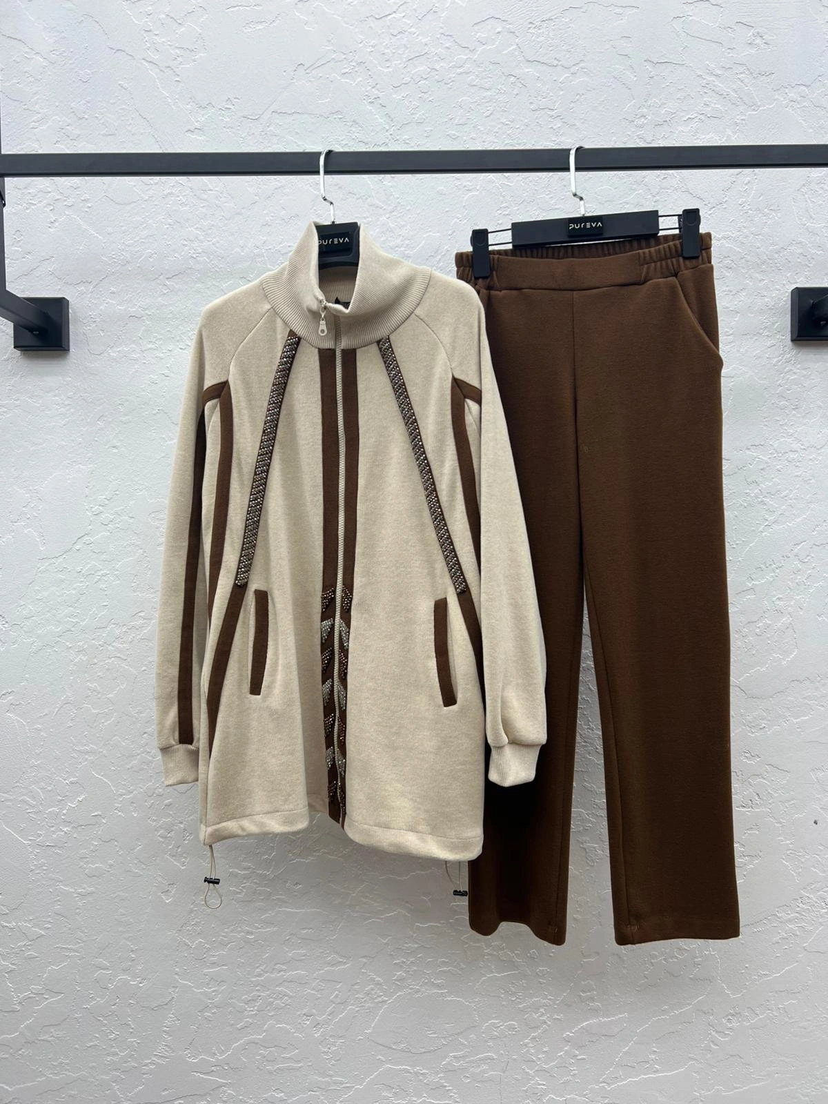 ŞARDONLU MODAL CEKET PANTOLON TAKIM - Bej / Taba