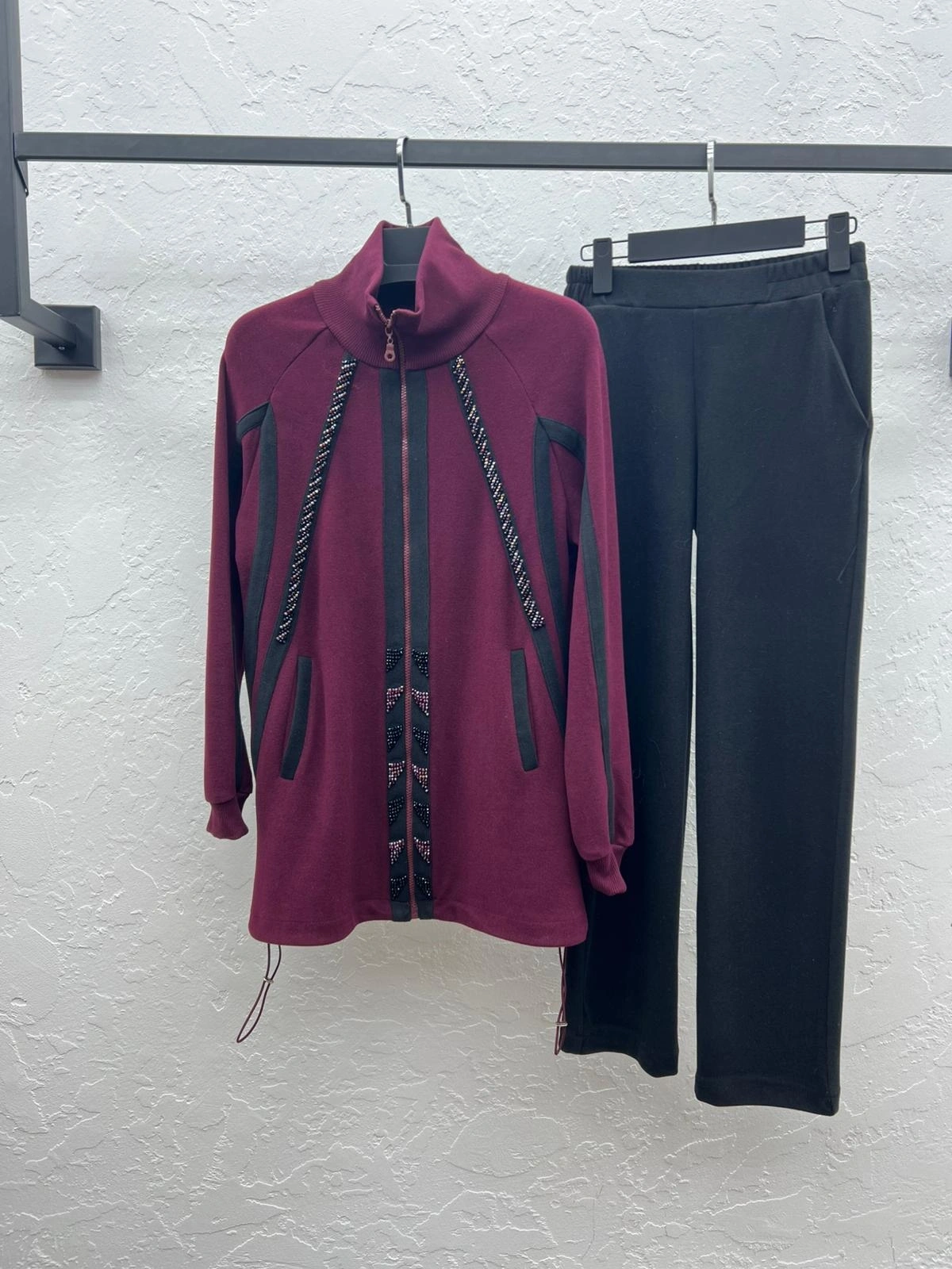 ŞARDONLU MODAL CEKET PANTOLON TAKIM - Bordo/Siyah