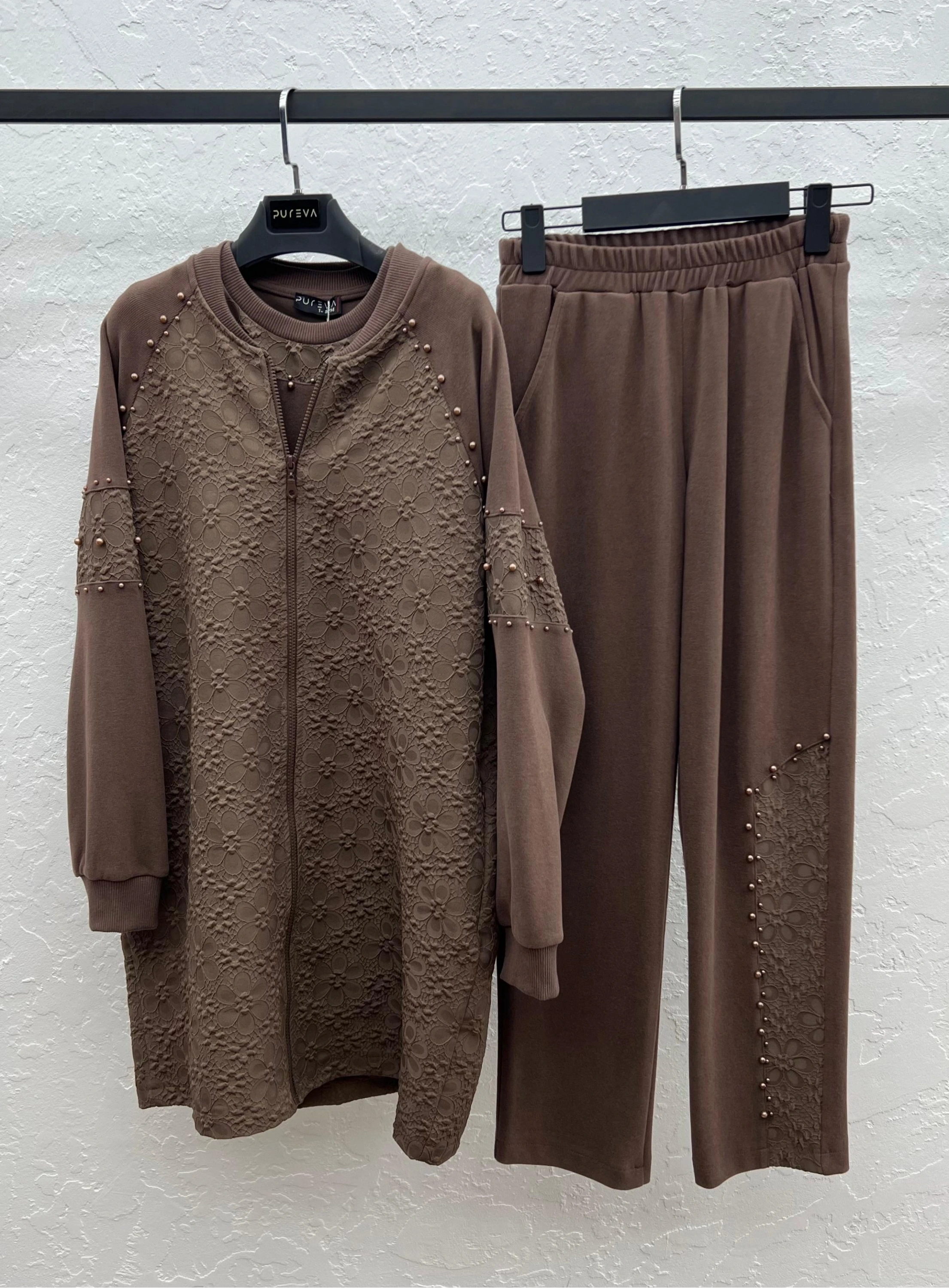 MODAL JAKAR TUNİK KAP PANTOLON TAKIM - Çikolata