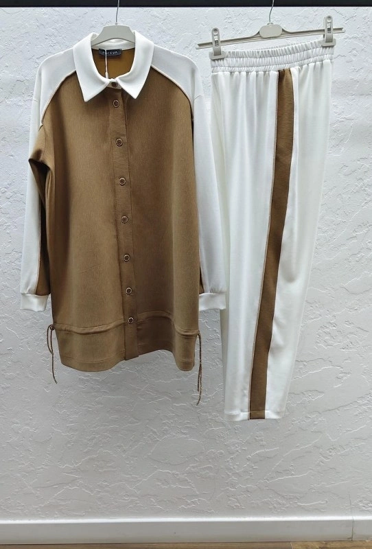 ÇİZGİLİ MODAL TUNİK PANTOLON TAKIM - Camel
