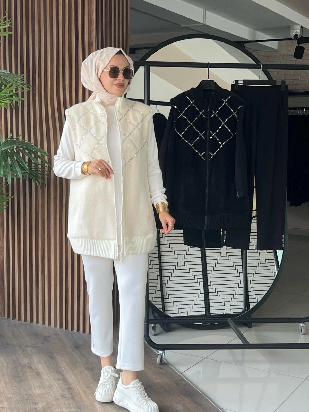 ANGORA YELEK & MODAL TUNİK PANTOLON TAKIM - Ekru