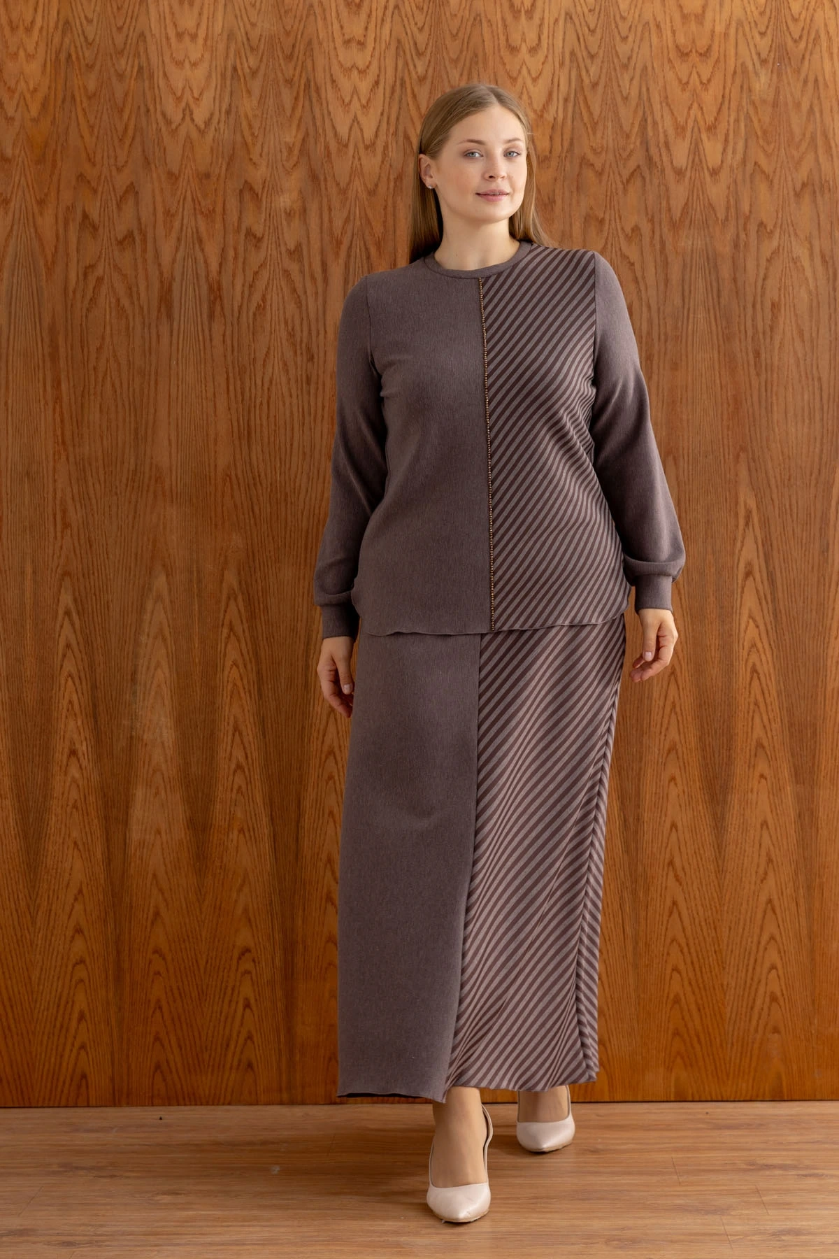 ÇİZGİLİ BAMBU MODAL TUNİK ETEK TAKIM - Kahverengi