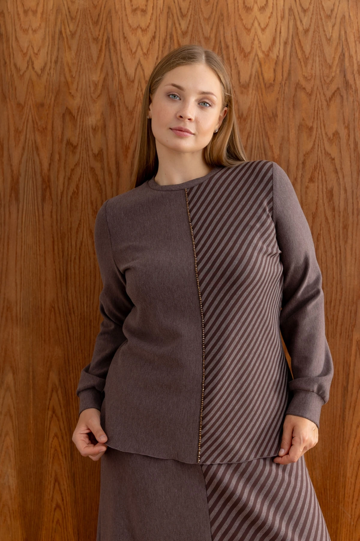 ÇİZGİLİ BAMBU MODAL TUNİK ETEK TAKIM - Kahverengi