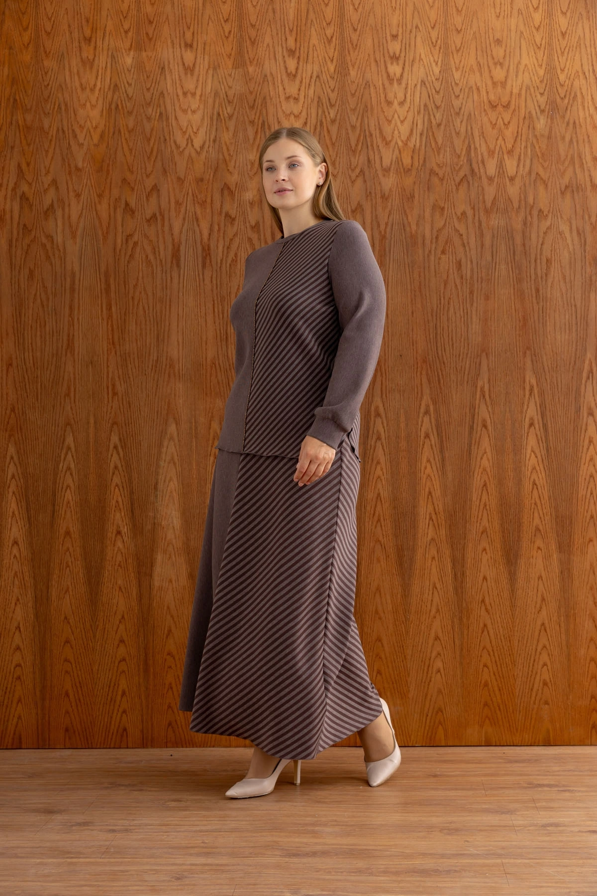 ÇİZGİLİ BAMBU MODAL TUNİK ETEK TAKIM - Kahverengi