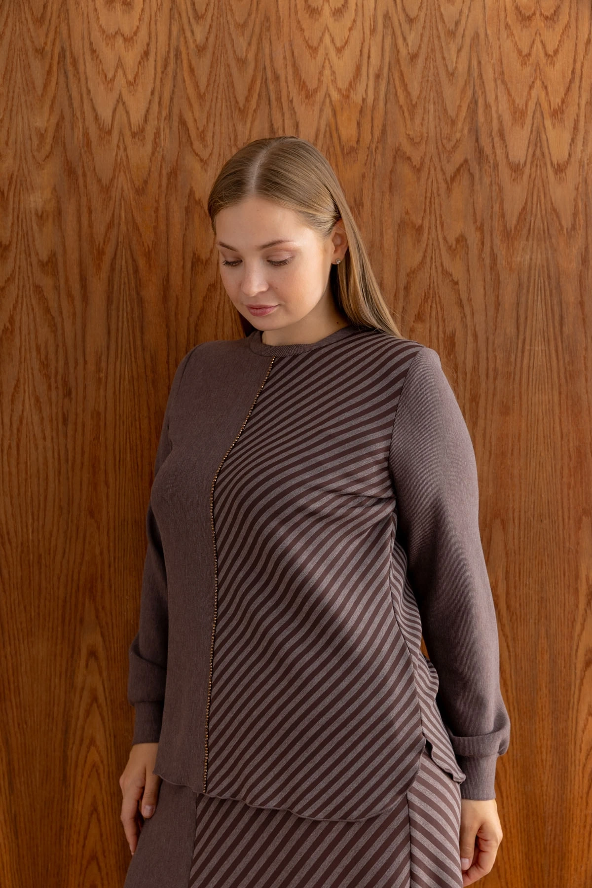 ÇİZGİLİ BAMBU MODAL TUNİK ETEK TAKIM - Kahverengi